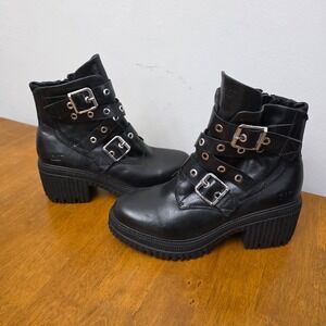 Caterpillar CAT Womens Black Leather Moto Buckle Ankle Signed Sample Boots Sz 9